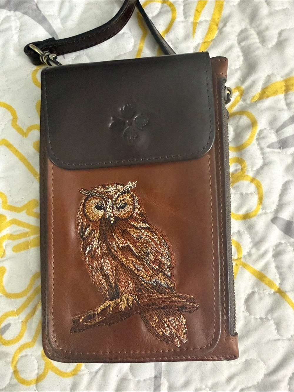LNC.  Patricia Nash Brown Leather Crossbody Bag with Embroidered Owl